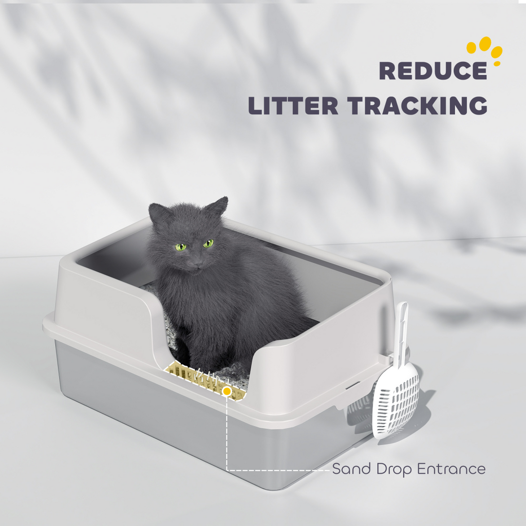 PawHut Stainless Steel Litter Box, High Sided Metal Cat Litter Tray w/ Scoop
