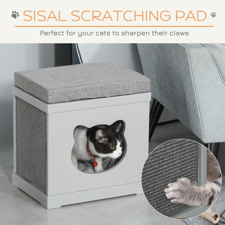 PawHut Cat House Bed with Cushion & Sisal Scratching Pads – Grey Indoor Cat Cube