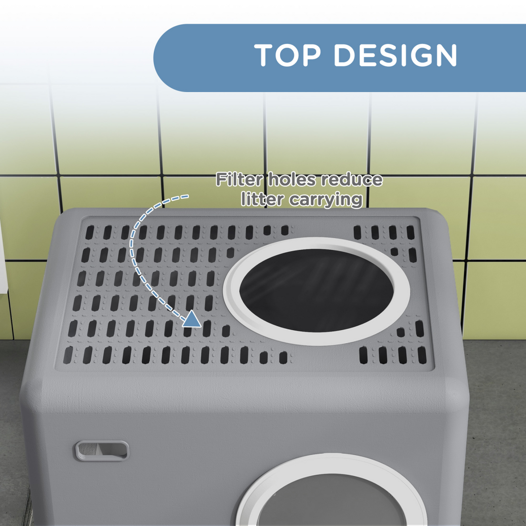 PawHut Enclosed Cat Litter Box - Front Entry, Top Exit, Easy Clean, Grey