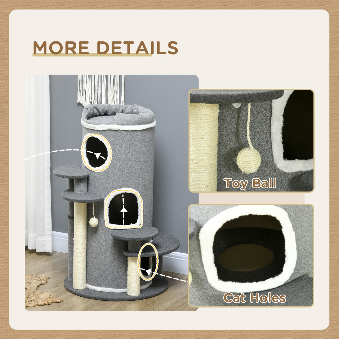 PawHut Cozy Barrel Cat Tree: Stylish Scratching Post & Plush Lookout - Grey