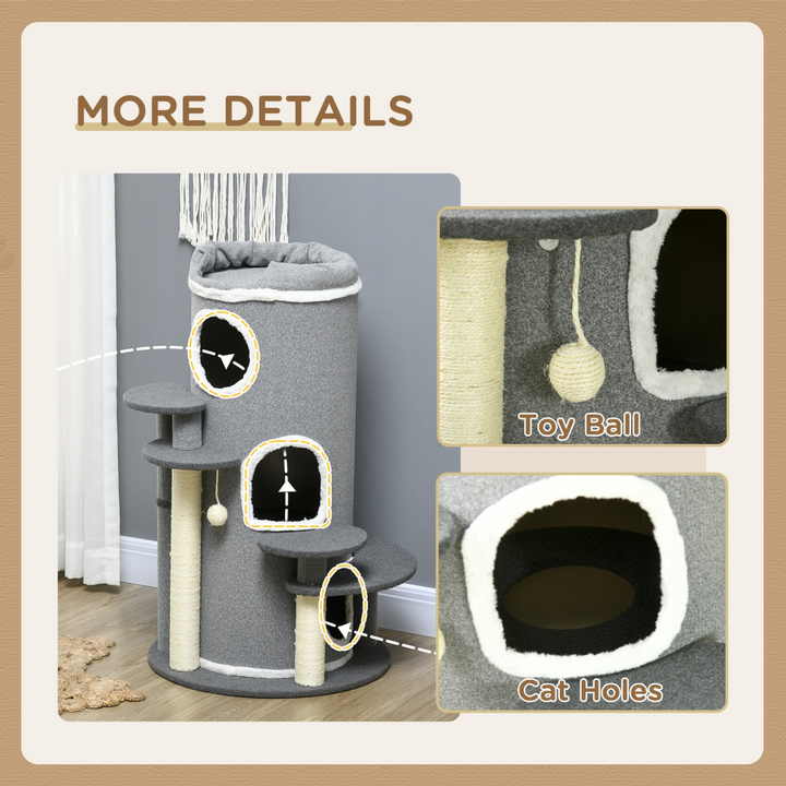 PawHut Cozy Barrel Cat Tree: Stylish Scratching Post & Plush Lookout - Grey