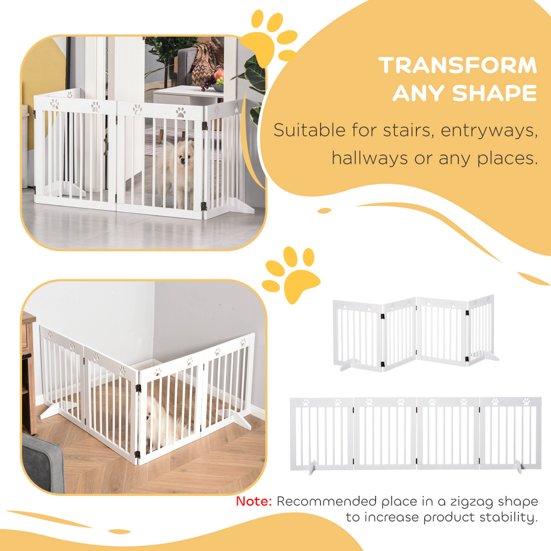 Freestanding Pet Gate 4 Panel Folding Wooden Dog Barrier w/ Support Feet
