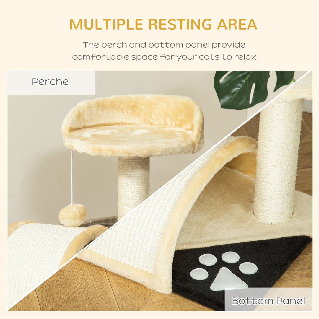 PawHut Cat Tree with Sisal Scratching Posts – Beige Multi-Level Cat Tower with Curved Scratching Board & Toy Ball