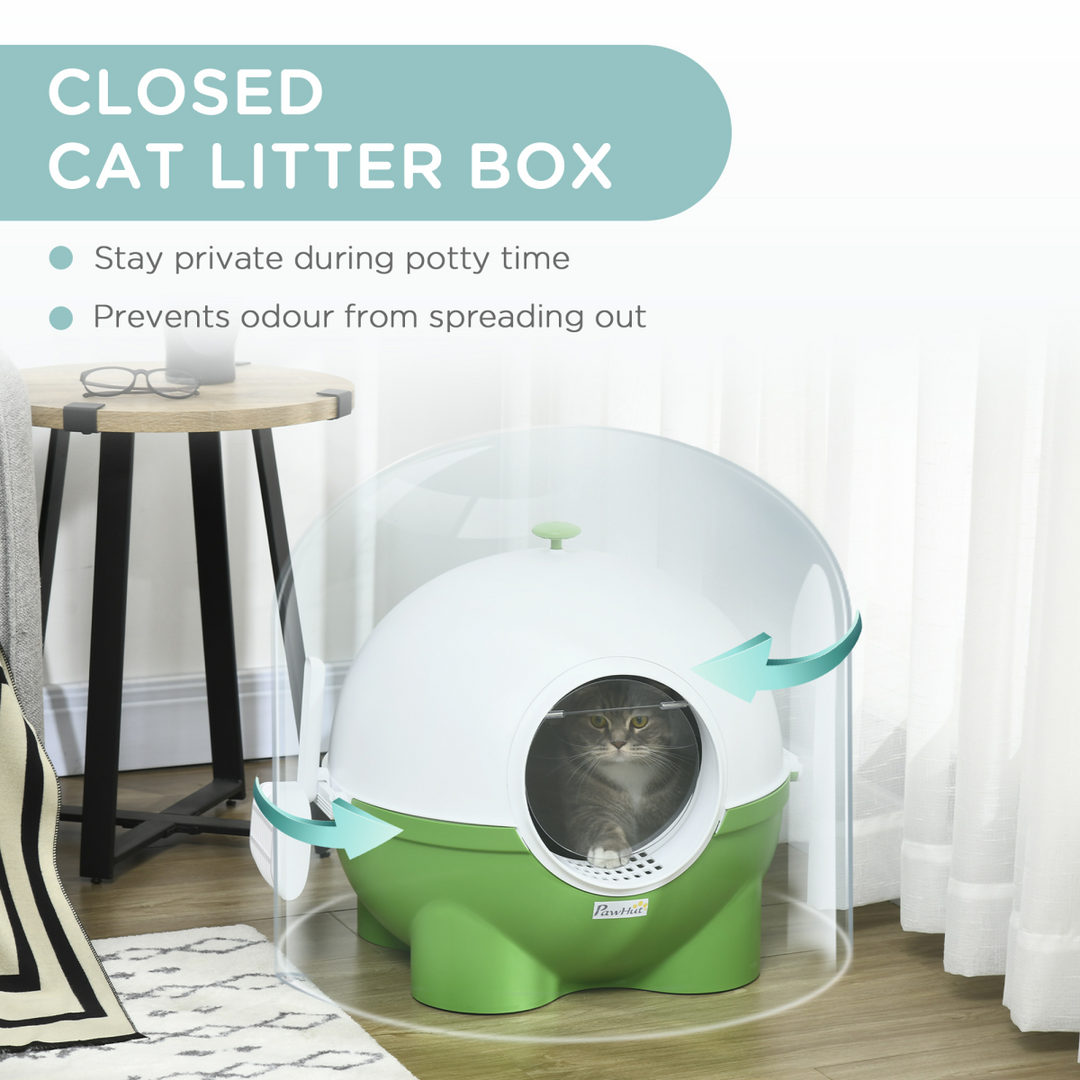 Smart Hooded Cat Litter Box - Stylish Green, 53x51x48cm, Includes Scoop!