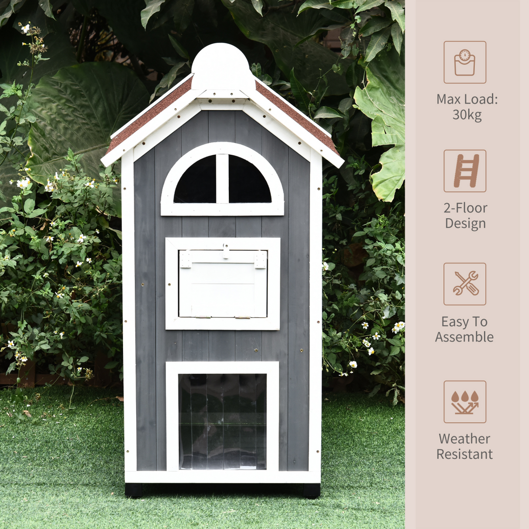 Solid Wood Cat Condo Furniture 2-Floor Pet Shelter, Grey and White, 109H cm