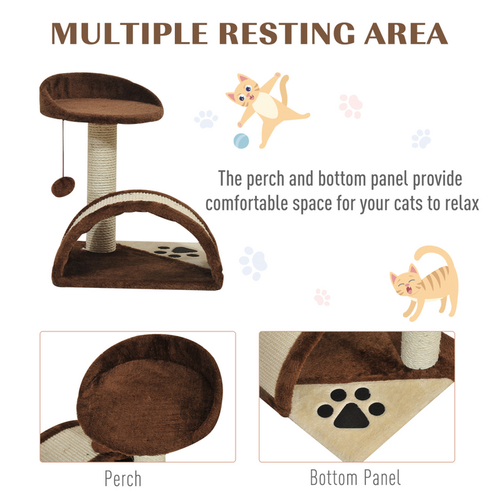 PawHut Cozy Cat Tree with Sisal Scratching Posts – Brown Multi-Level Cat Tower with Curved Board & Teasing Ball
