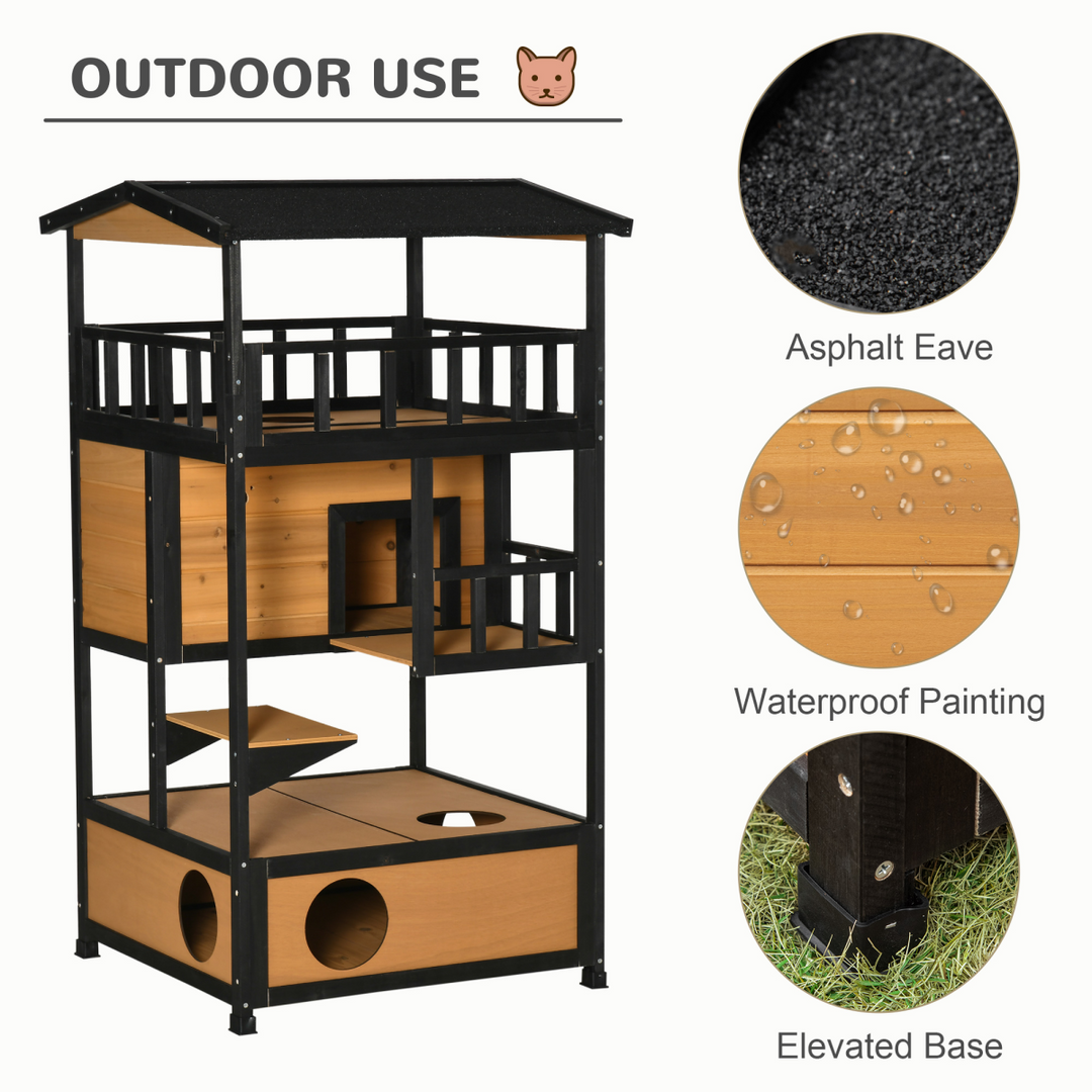3-Tier Wooden Cat House with Balconies - Outdoor Shelter for Playful Cats