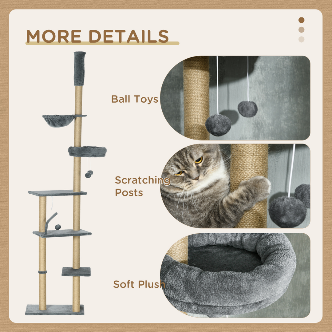 Deluxe 6-Tier Cat Tree Tower with Hammock & Scratching Post - Grey