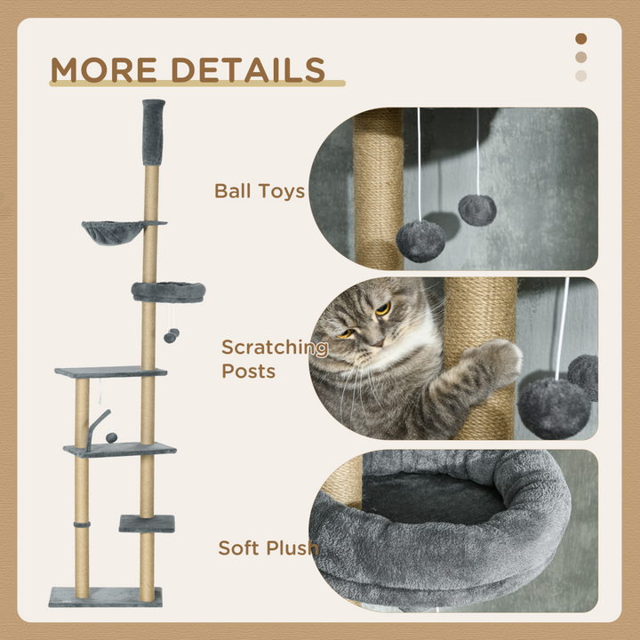 Deluxe 6-Tier Cat Tree Tower with Hammock & Scratching Post - Grey