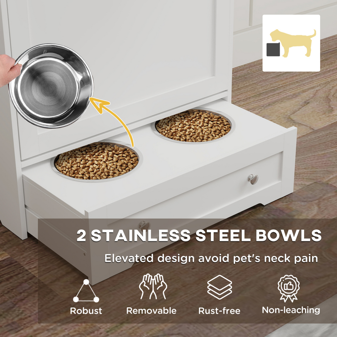 PawHut Dog Feeding Station with 2 Storage Cabinets, 2 Elevated Bowls, White