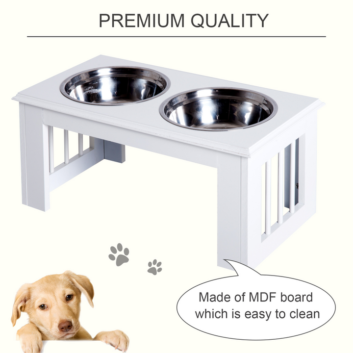 PawHut Raised Pet Feeder with Elevated Stand & 2 Stainless Steel Bowls – White (58.4cm)