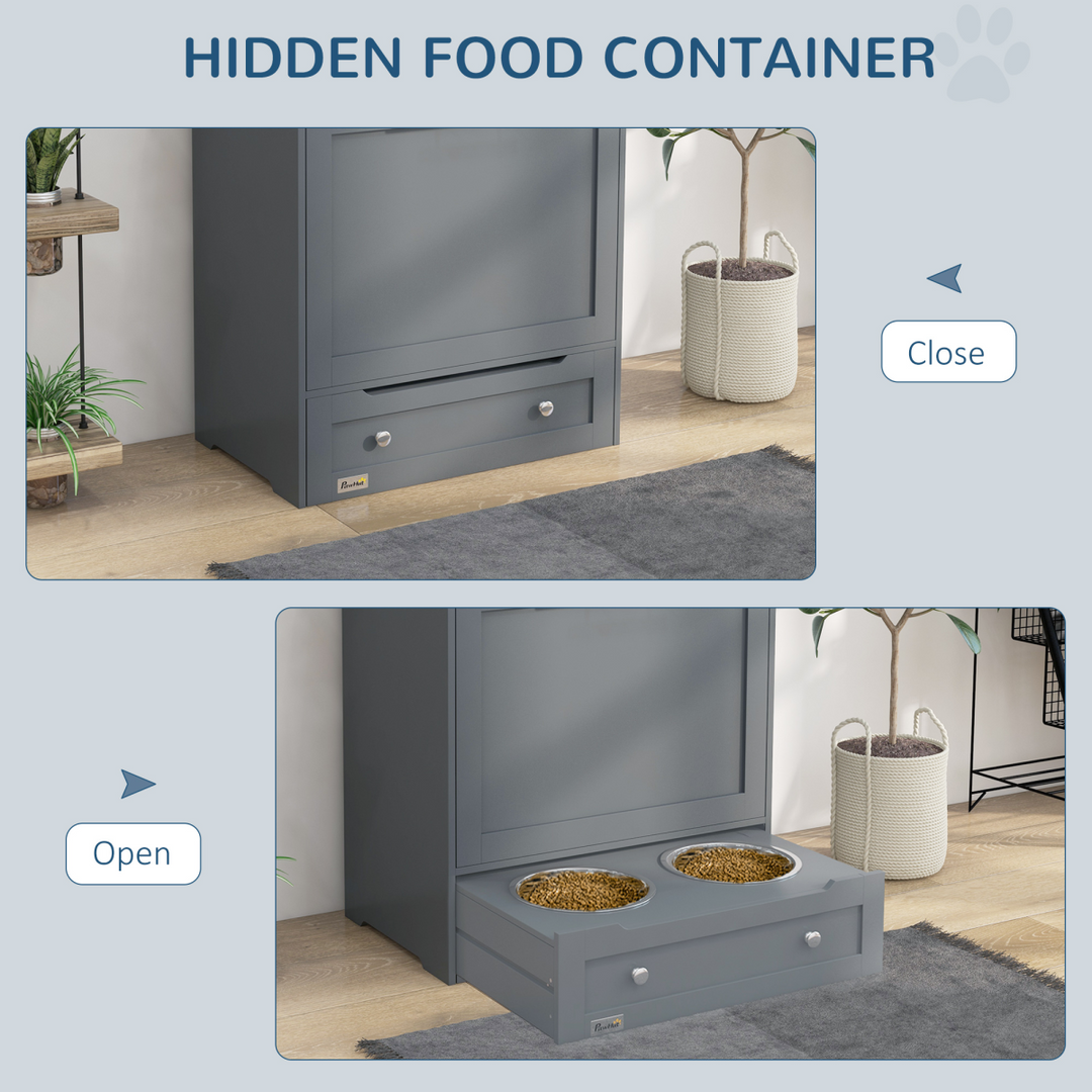 PawHut Pet Feeder Station with Storage Cabinet, Open Compartment, Side Hooks &amp; 2 Bowls – Grey (82cm