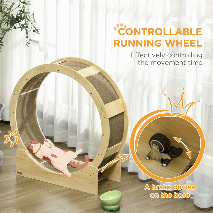 PawHut Cat Exercise Wheel with Safety Brake & Replaceable Scratch Pads – Wooden Cat Running Wheel for Fitness and Fun