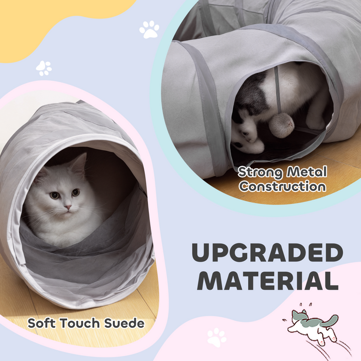 PawHut 2-in-1 Cat Tunnel Bed – Grey Play Tunnel with Washable Cushion
