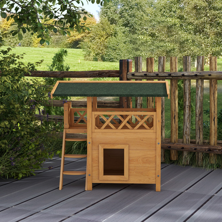 PawHut Cozy Outdoor Cat House with Balcony & Weatherproof Roof