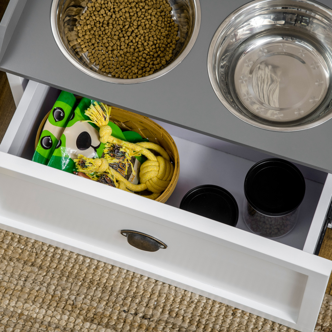 PawHut Elevated Dog Bowls with 21L Storage Drawer &amp; 2 Stainless Steel Bowls – White &amp; Grey (60cm)