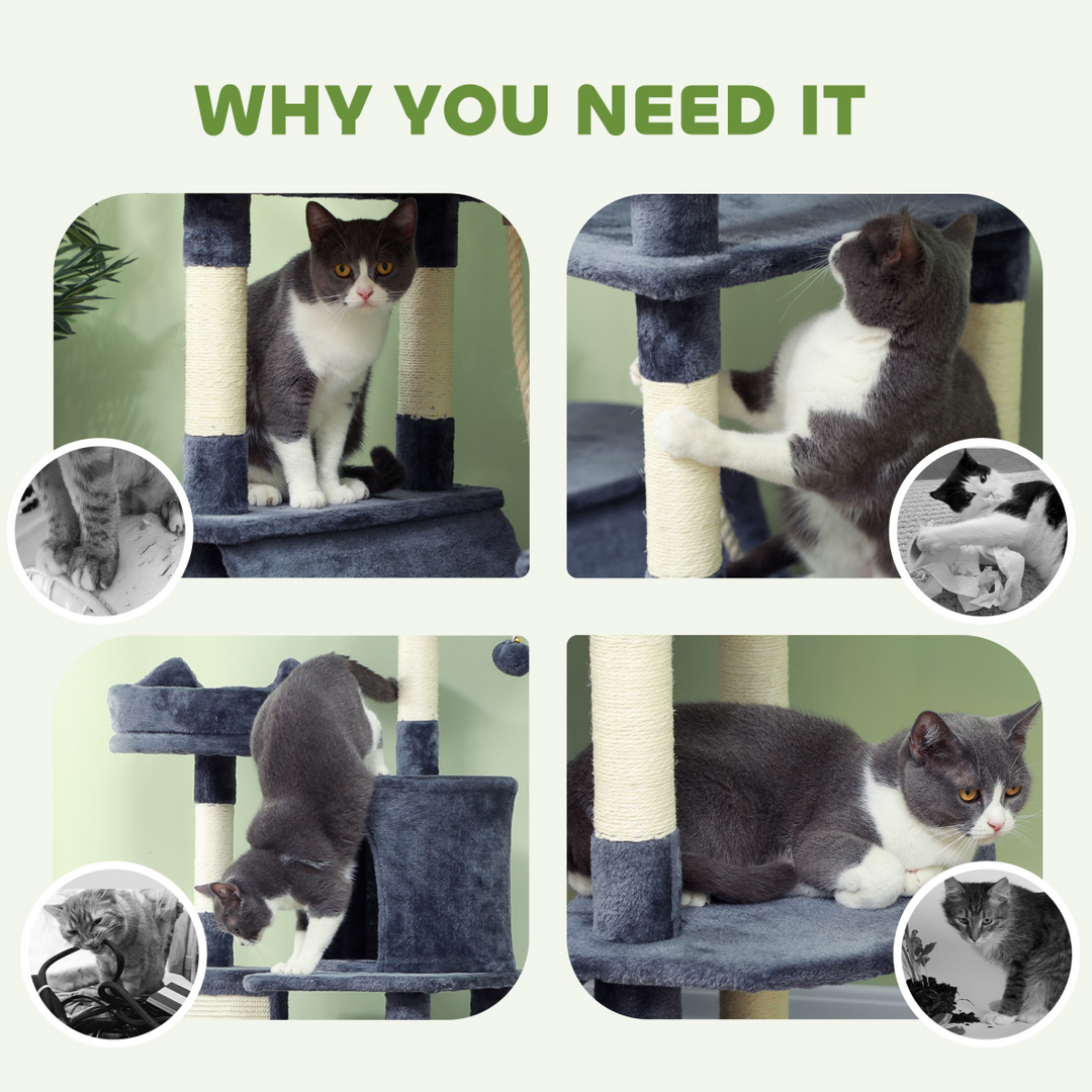 PawHut 206cm Cat Tree with Scratching Posts, Beds, Condos, Toys, Dark Grey