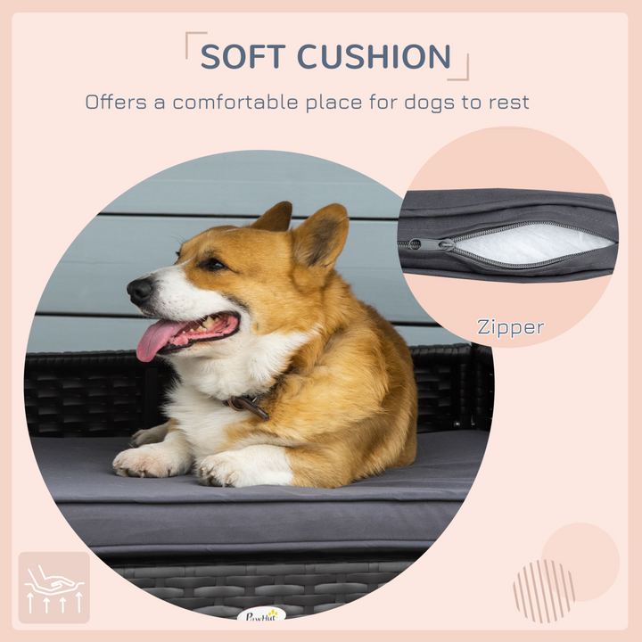 PawHut Wicker Dog House, Rattan Pet Bed with Soft Cushion, Cat Basket - Grey
