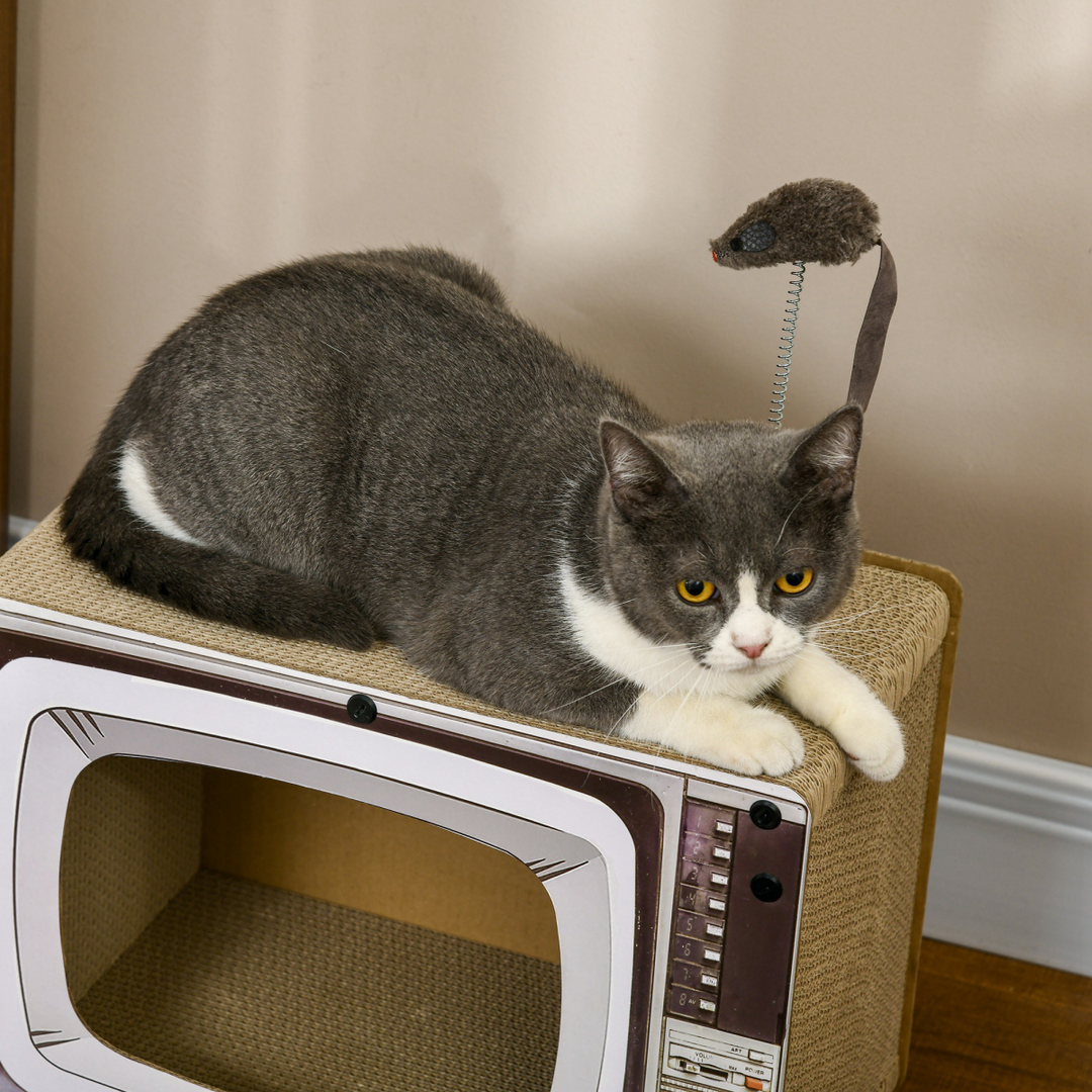 PawHut TV Cat House: Ultimate Scratcher with Catnip & Toy Rat for Feline Fun!