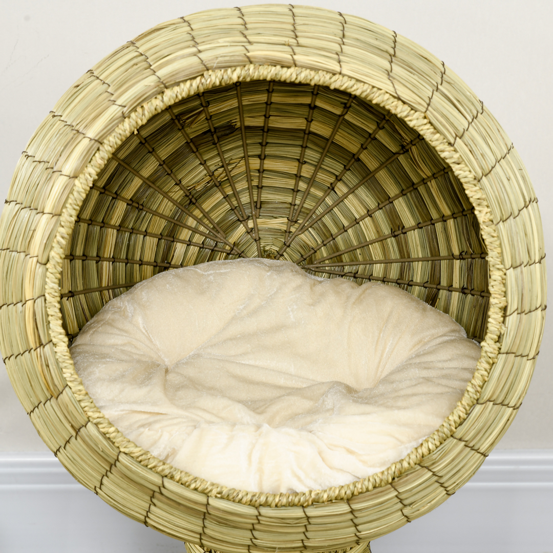 PawHut Raised Cat House with Cushion – Wicker Elevated Cat Bed with Detachable Nest