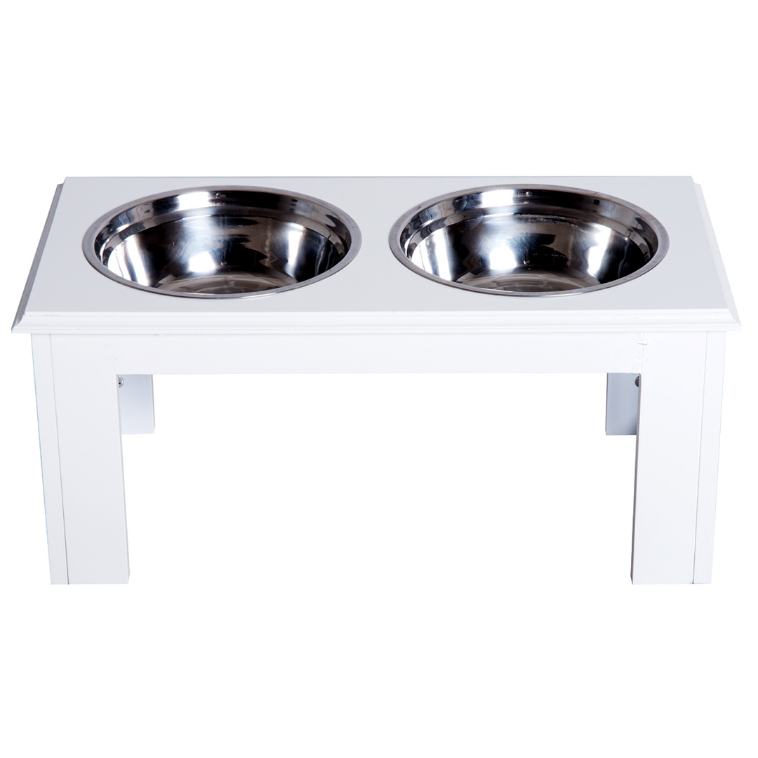 PawHut Raised Pet Feeder with Elevated Stand & 2 Stainless Steel Bowls – White (58.4cm)