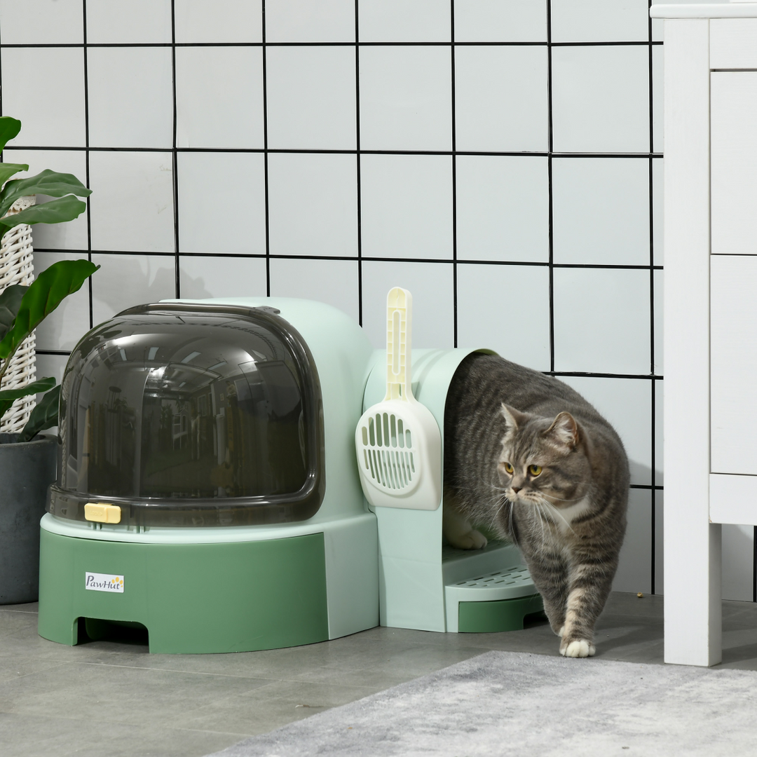 PawHut Chic 2-in-1 Cat Litter Tray with Pull-Out Drawers & Scoop - Green