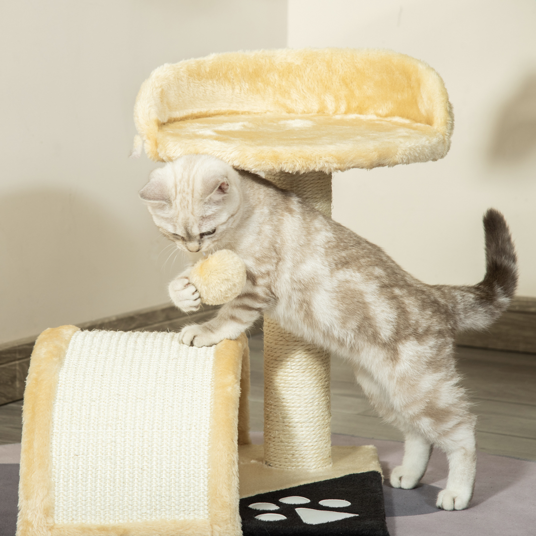 PawHut Cat Tree with Sisal Scratching Posts – Beige Multi-Level Cat Tower with Curved Scratching Board & Toy Ball