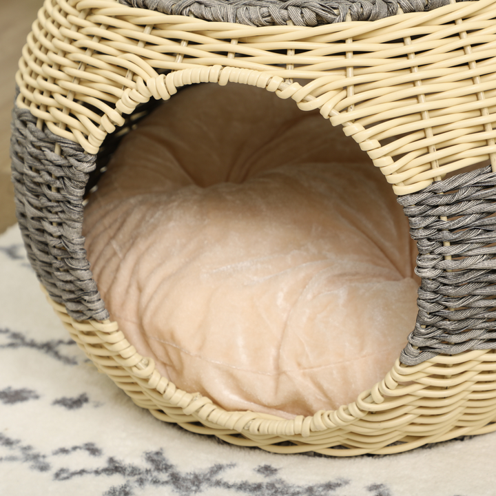 PawHut Wicker Cat House, Rattan Raised Cat Bed with Soft Cushion – Compact Design