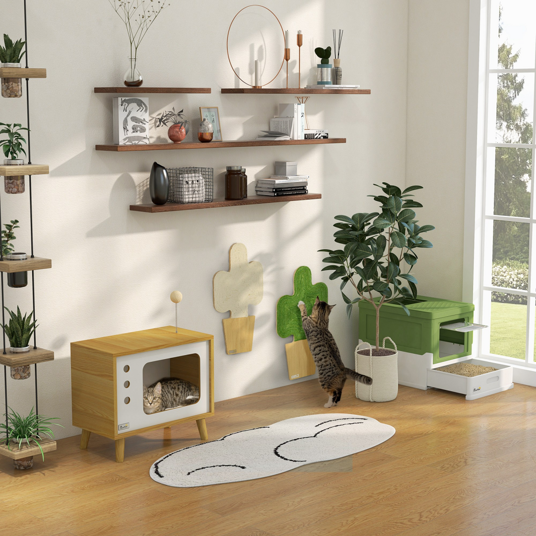 PawHut Deluxe Hooded Cat Litter Box with Top Exit, Removable Tray &amp; Scoop – Lime Green &amp; White.