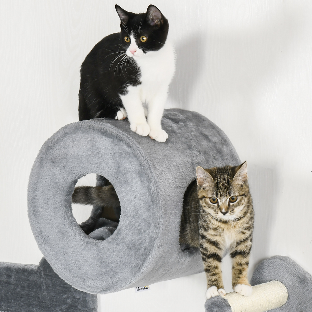4-Piece Wall-Mounted Cat Tree with Tunnel, Perches & Scratching Posts – Space-Saving Cat Wall Furniture (Grey)