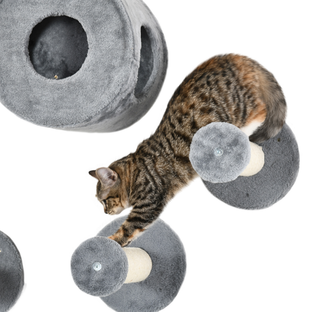 5-Piece Wall-Mounted Cat Tree with Tunnel, Perches & Scratching Posts – Modern Cat Wall Furniture (Grey)