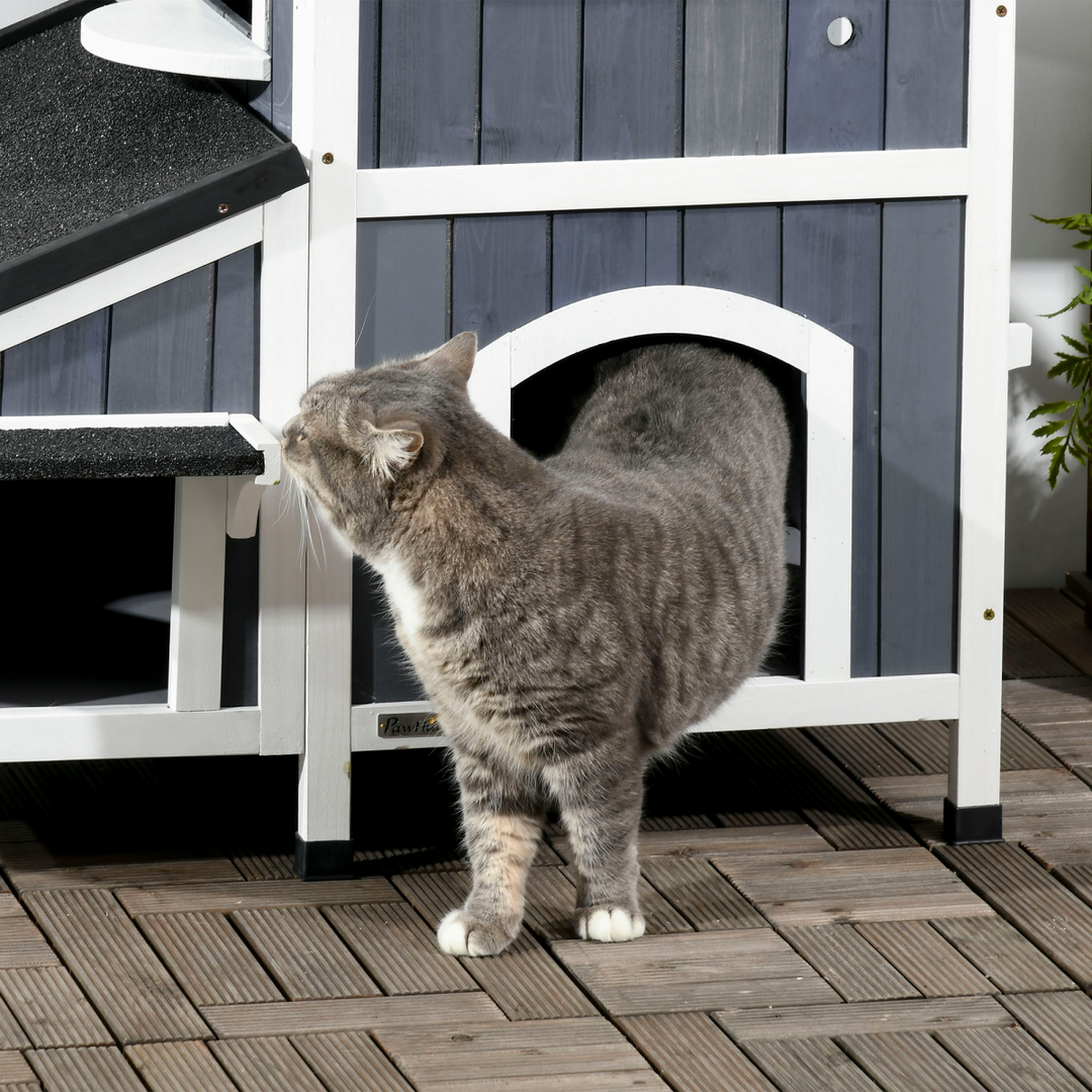 PawHut Wooden Outdoor Cat House with Flower Pot, Window &amp; Multiple Entrances – Grey