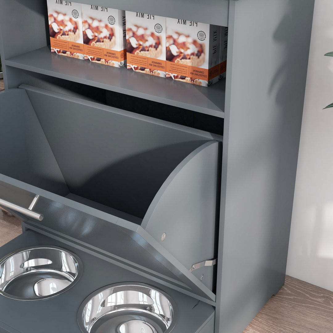 PawHut Pet Feeder Station with Storage Cabinet, Open Compartment, Side Hooks &amp; 2 Bowls – Grey (82cm