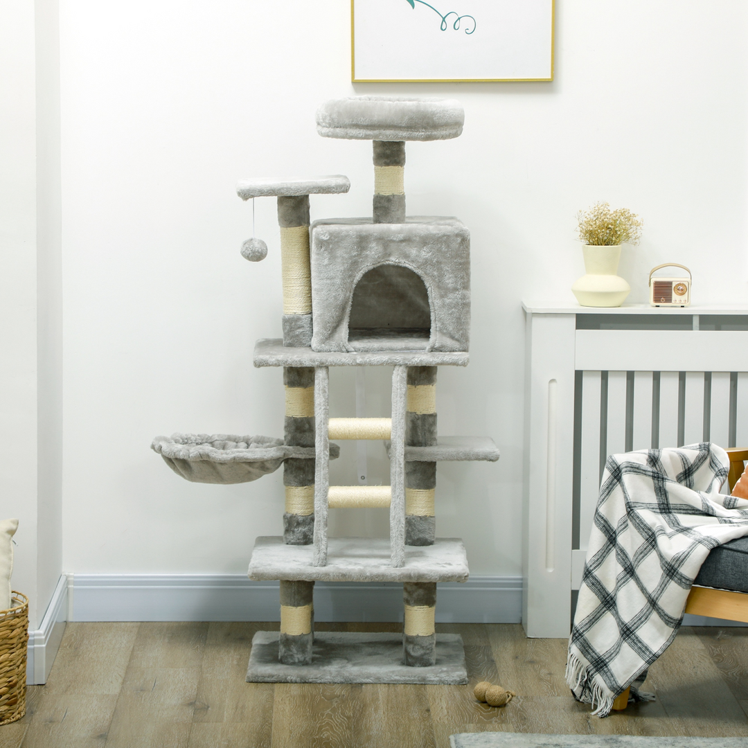 PawHut 132cm Multi-Activity Cat Tree w/ House Baskets Ladder Scratch Post Grey