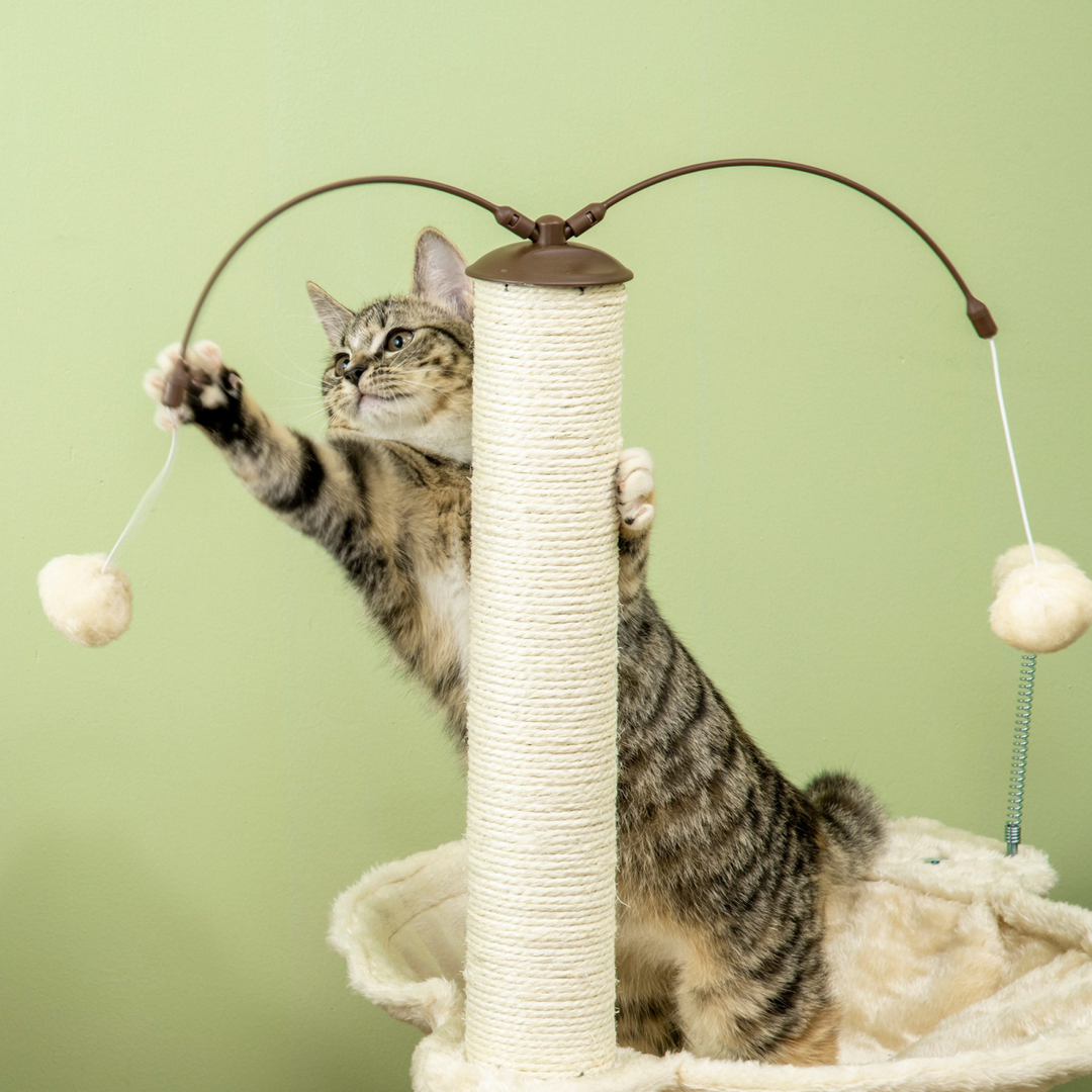 Beige PawHut Cat Tree: Hammock, Scratching Posts & Toy Balls - Ultimate Play Haven!