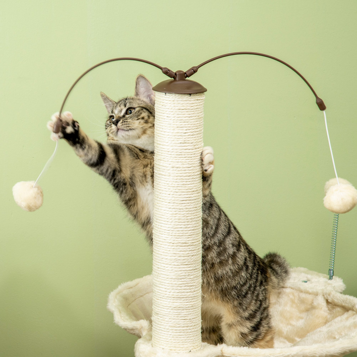 Beige PawHut Cat Tree: Hammock, Scratching Posts & Toy Balls - Ultimate Play Haven!