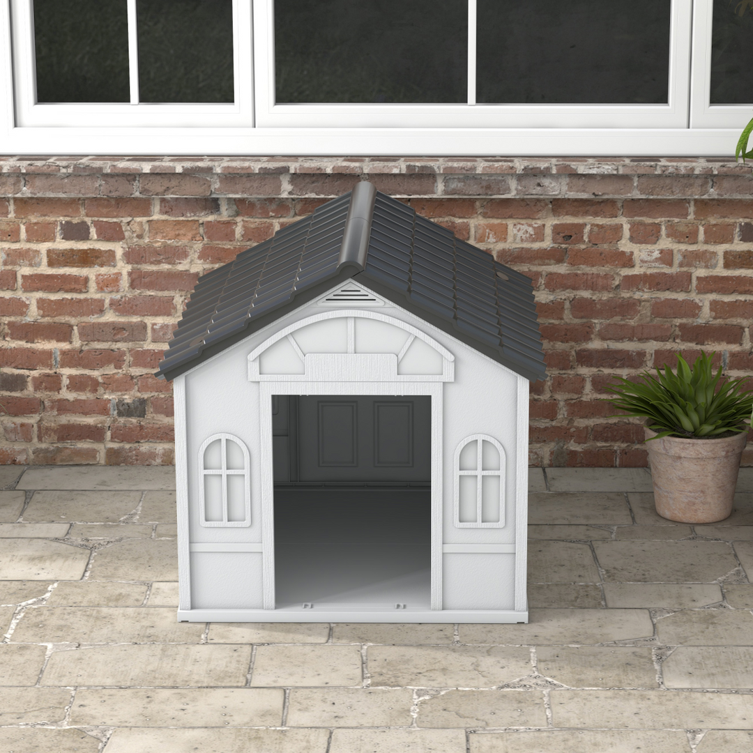 PawHut Weatherproof Dog House – Cozy Outdoor Shelter for Large Dogs (Grey)