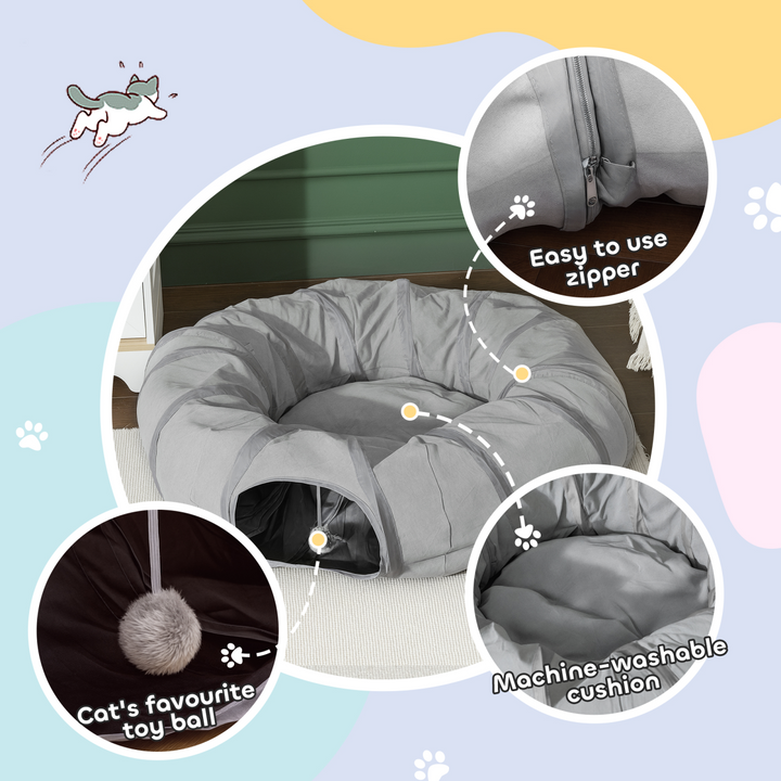 PawHut 2-in-1 Cat Tunnel Bed – Grey Play Tunnel with Washable Cushion