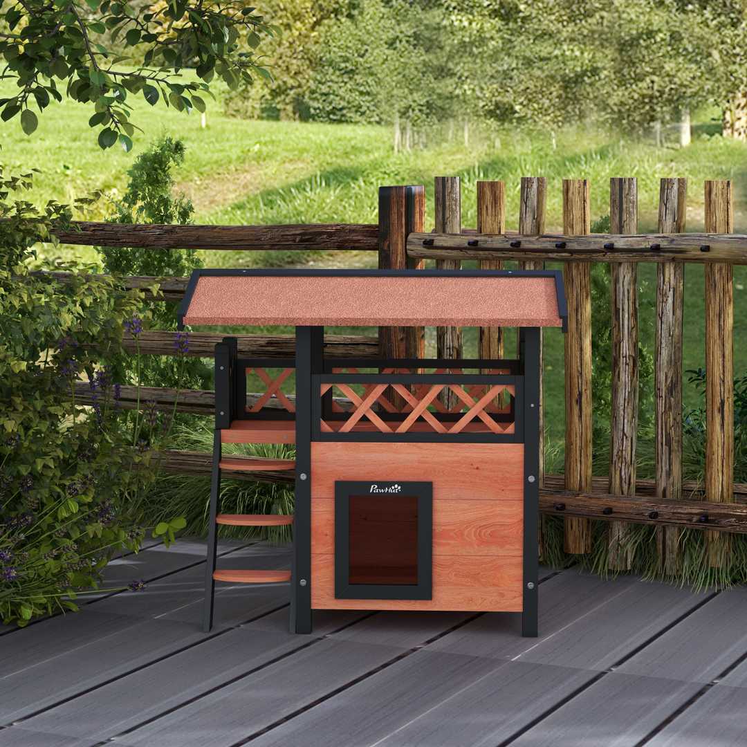 PawHut Outdoor Cat House with Balcony, Stairs & Weatherproof Roof – Brown