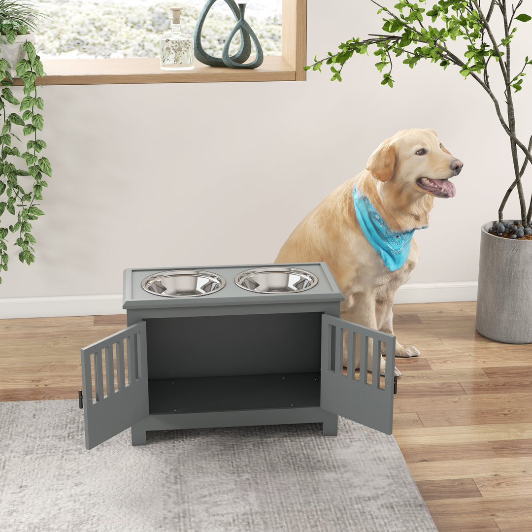 PawHu Raised Dog Bowls Feeding Station with Storage Cabinet &amp; 2 Stainless Steel Bowls – Grey