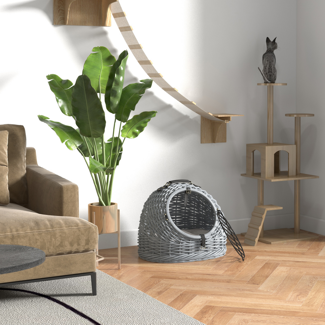 Wicker Cat Basket W/ Mat Handle Kitten Pussy Enclosed Bed Portable - Grey