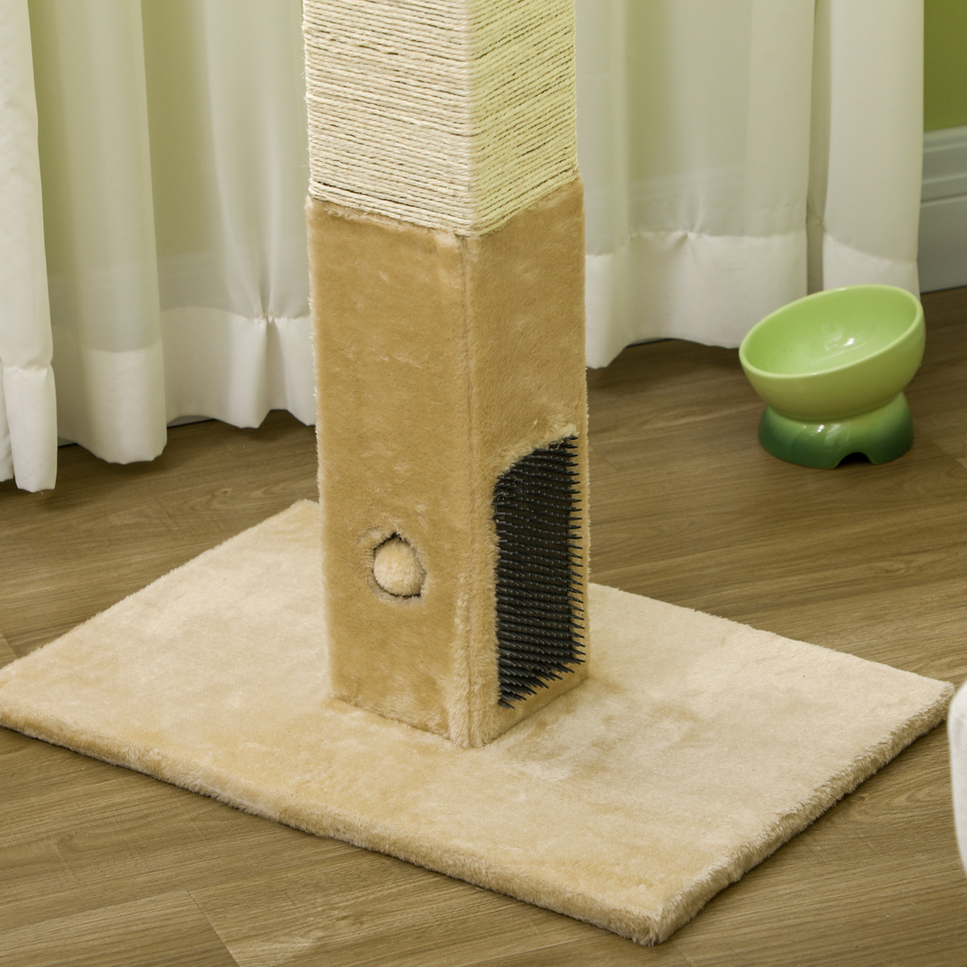 PawHut Premium Cat Scratching Post with Plush Base, Self-Grooming Brush & Hanging Toy – Beige Cat Climber Tower