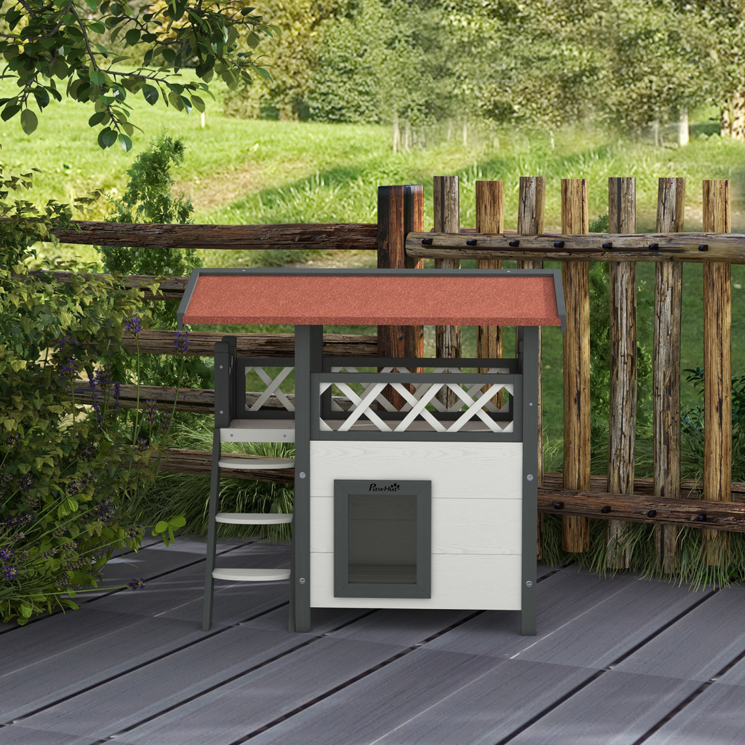 Cozy PawHut Outdoor Cat House with Balcony & Stairs - Weatherproof Design!