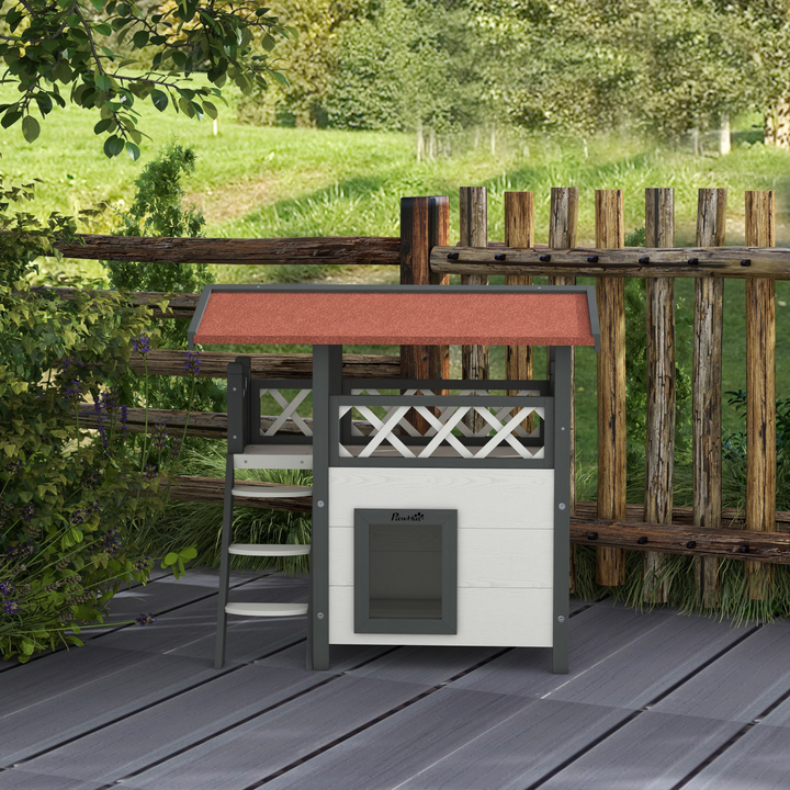 Cozy PawHut Outdoor Cat House with Balcony & Stairs - Weatherproof Design!