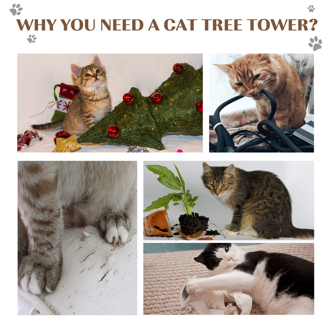 PawHut Cozy Cat Tree with Sisal Scratching Posts – Brown Multi-Level Cat Tower with Curved Board & Teasing Ball