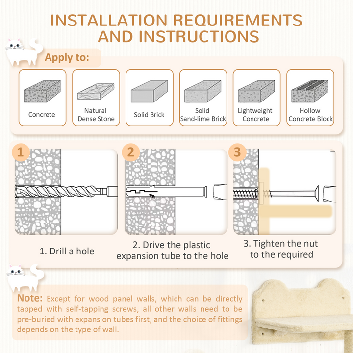 4-Piece Wall-Mounted Cat Tree with Scratching Post & Hammock – Beige Cat Climbing Shelf Set