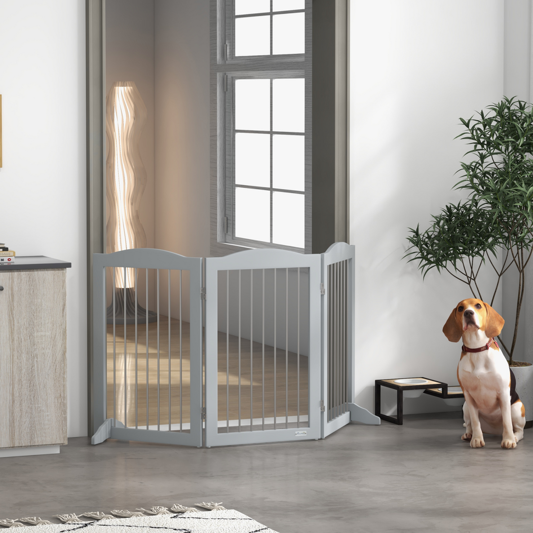 PawHut Foldable Dog Gate, Freestanding Pet Gate with Two Support Feet - Grey