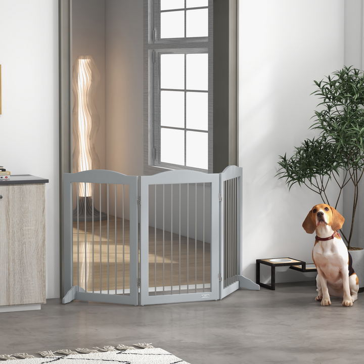 PawHut Foldable Dog Gate, Freestanding Pet Gate with Two Support Feet - Grey