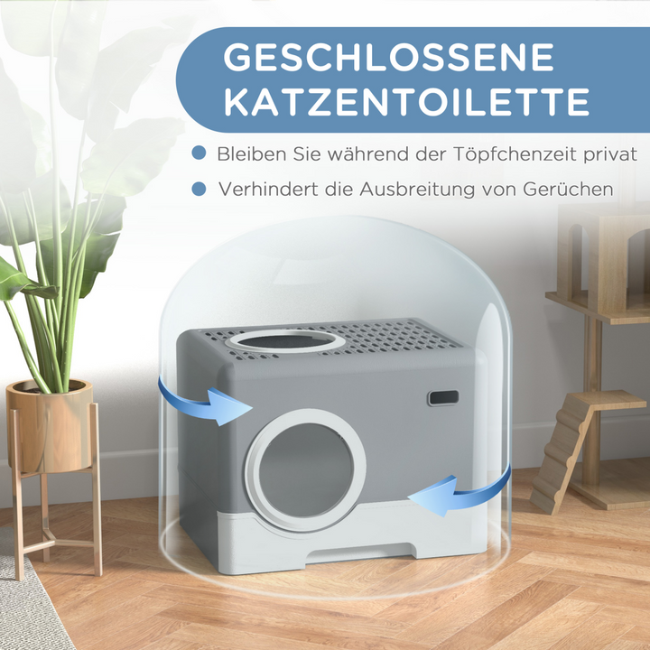 PawHut Enclosed Cat Litter Box - Front Entry, Top Exit, Easy Clean, Grey