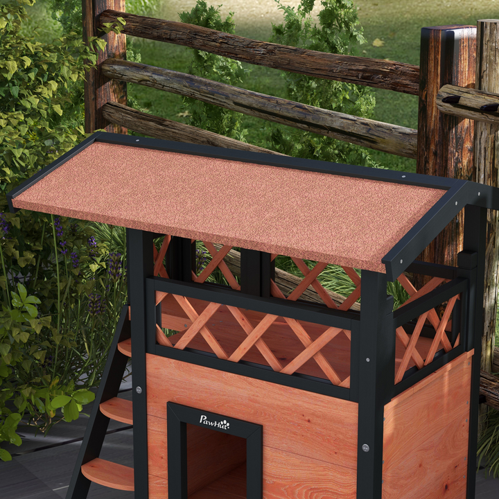 PawHut Outdoor Cat House with Balcony, Stairs & Weatherproof Roof – Brown